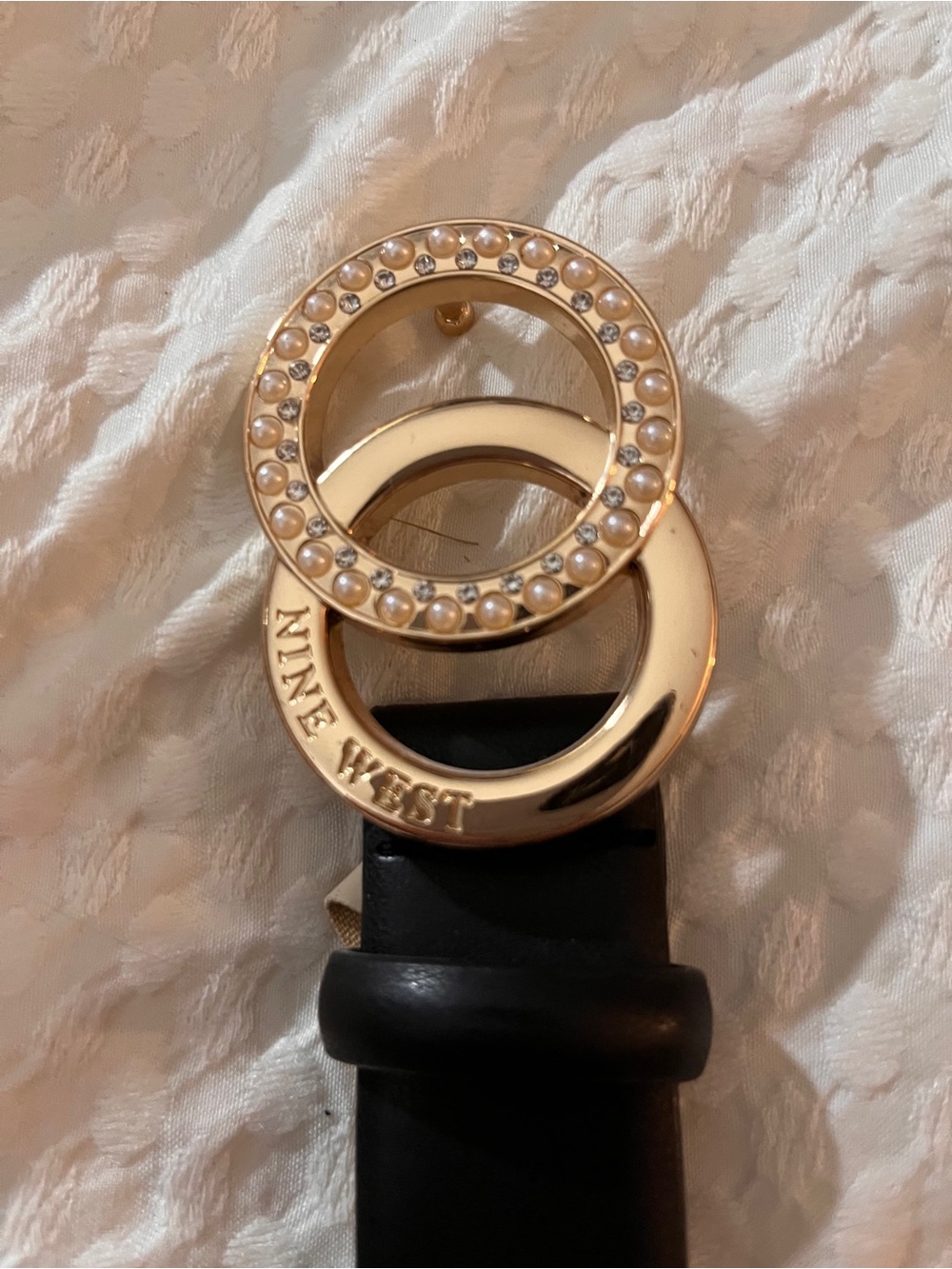 Nine West Black Belt with Gold Pearl-Studded Double Ring Buckle